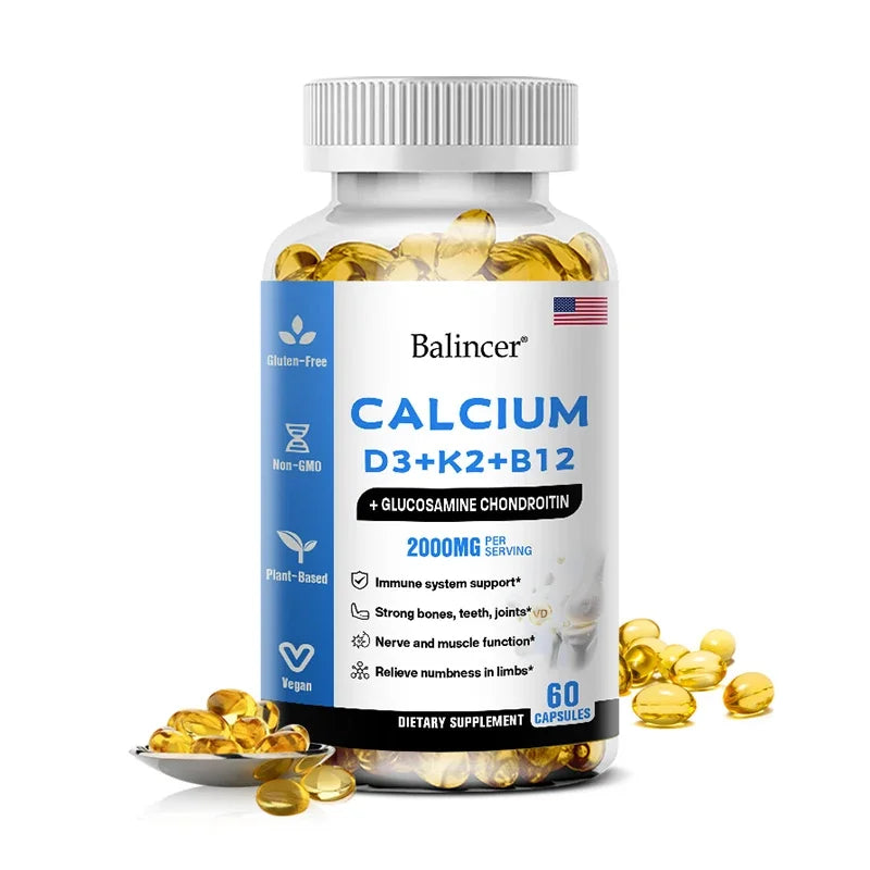 Calcium + Vitamins D3, K2 & B12 + Glucosamine Chondroitin - Supports Bone, Teeth & Muscle Health