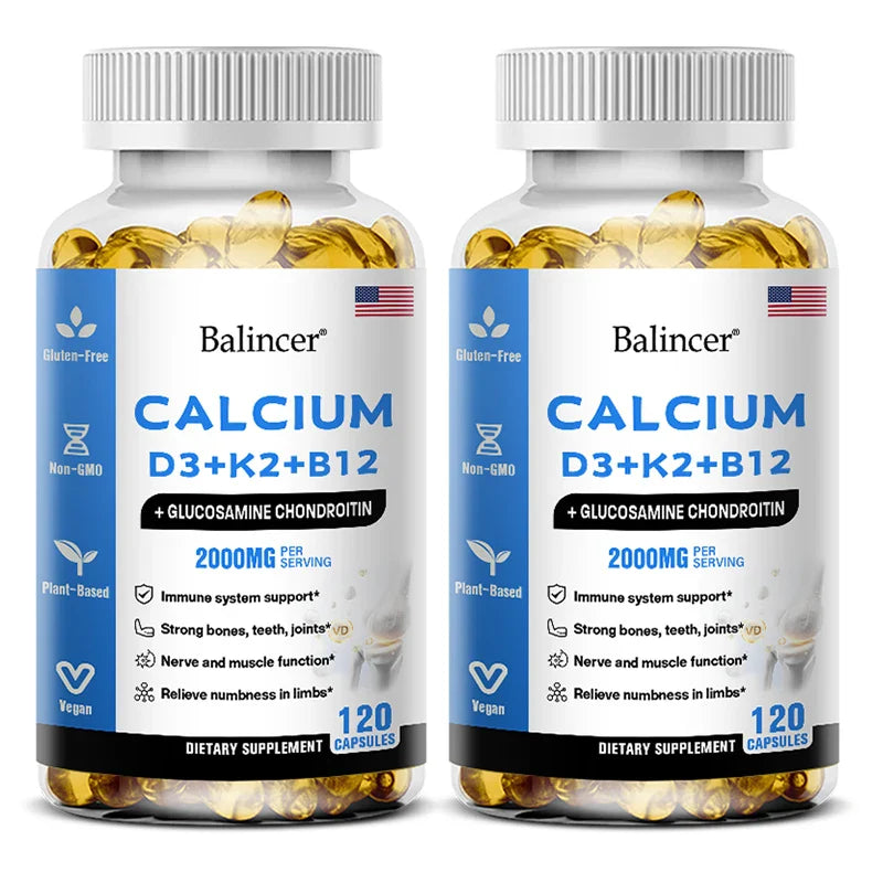Calcium + Vitamins D3, K2 & B12 + Glucosamine Chondroitin - Supports Bone, Teeth & Muscle Health