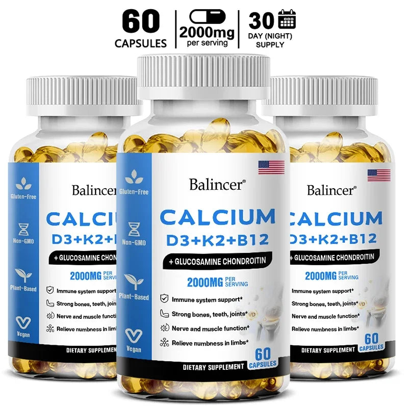 Calcium + Vitamins D3, K2 & B12 + Glucosamine Chondroitin - Supports Bone, Teeth & Muscle Health