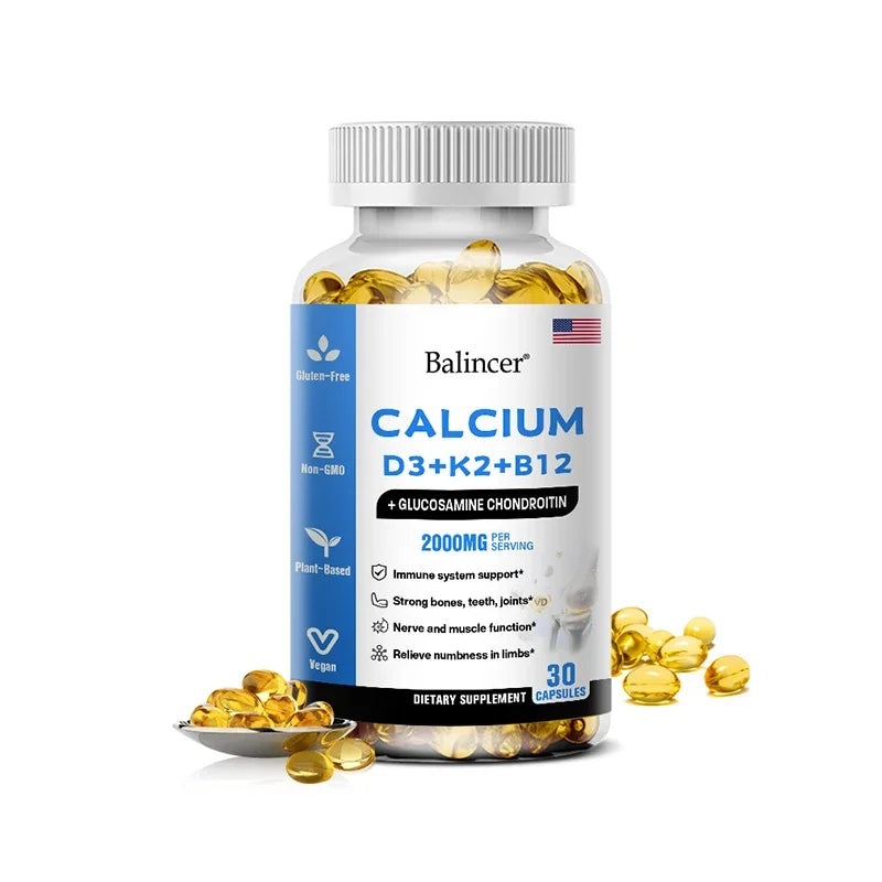 Calcium + Vitamins D3, K2 & B12 + Glucosamine Chondroitin - Supports Bone, Teeth & Muscle Health